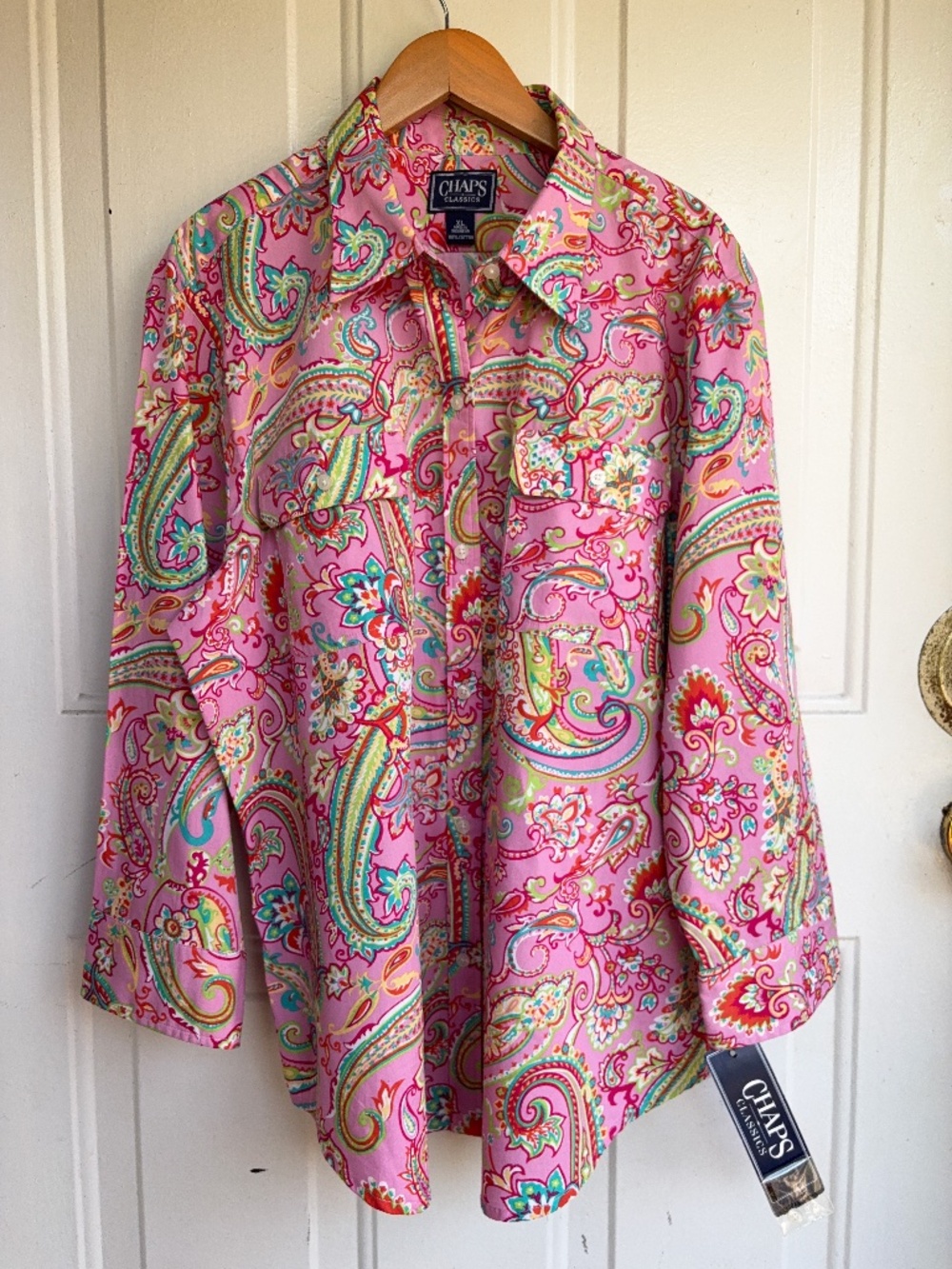 CHAPS Classics Womens XL Pink Paisley Button Up Shirt 100% Cotton Boho BlouseNWT